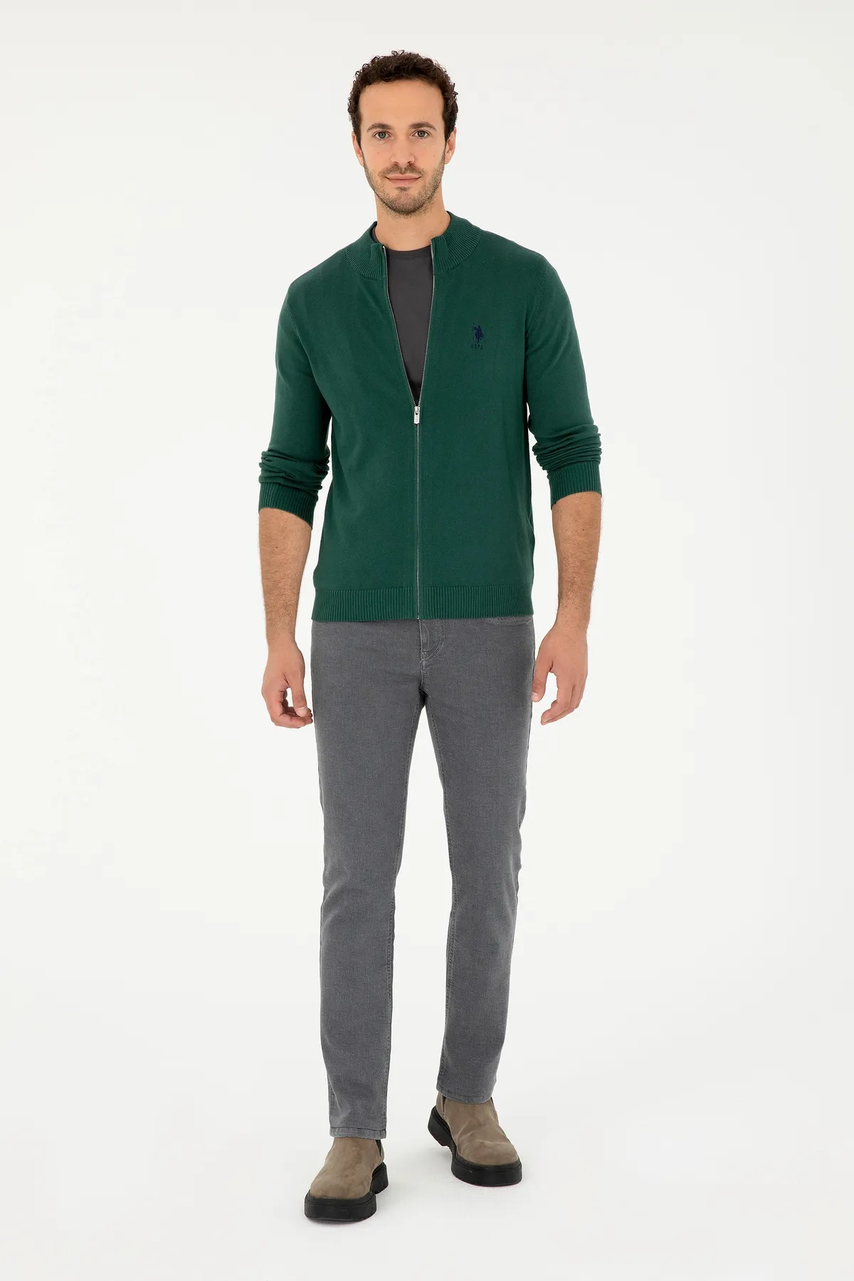 main-3-U.S. Polo Assn. Men's Dark Green Basic Knitwear Cardigan 50293526 -Vr079