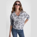 سويتر دكني DKNY jeans Women's LOGO PRINTED V NECK PULLOVER