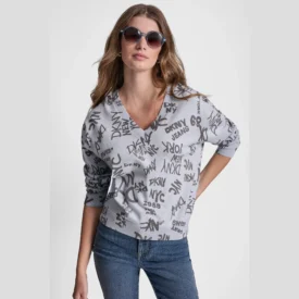 سويتر دكني DKNY jeans Women's LOGO PRINTED V NECK PULLOVER