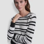 سويتر دكني DKNY jeans Women's LOGO POINTELLE STRIPED SWEATER