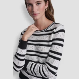 سويتر دكني DKNY jeans Women's LOGO POINTELLE STRIPED SWEATER