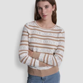 سويتر دكني DKNY jeans Women's LOGO POINTELLE STRIPED SWEATER