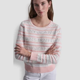 سويتر دكني DKNY jeans Women's LOGO POINTELLE STRIPED SWEATER